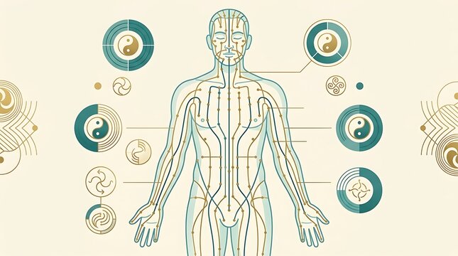 Human body meridian diagram with acupuncture points and symbols