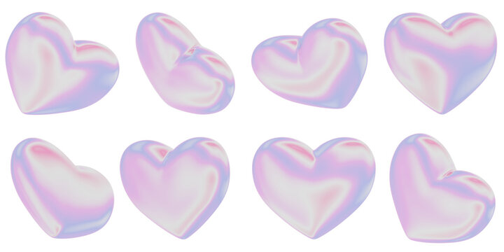 Iridescent Pearl 3d Heart Icons Set Isolated on Transparent Background