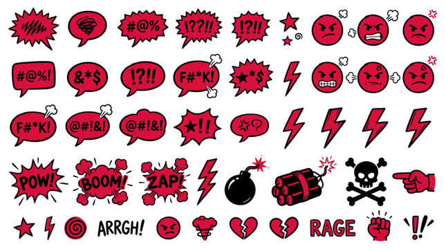 Collection of hand drawn comic speech bubbles with red angry emoji icons and swearing symbols on white background, Expressing aggressive communication, illustrating social media toxicity