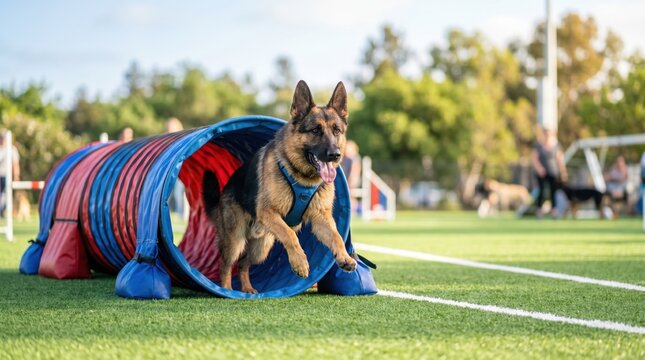 A dog runs out of a colorful tunnel while participating in agility training in a park. People and other dogs are present around the training area