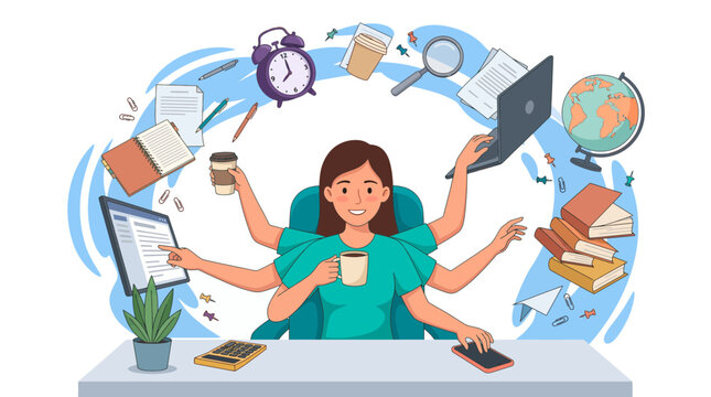 Multitasking young woman with many arms sitting at her desk with office supplies and floating icons, representing professional productivity and illustrating efficient time management