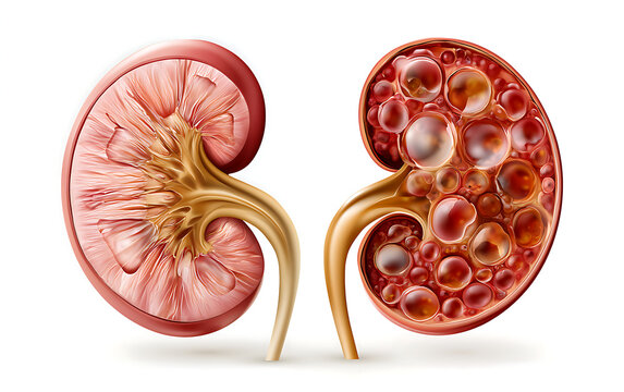 Comparison of normal and polycystic kidneys, anatomical cross-section showing multiple fluid-filled cysts replacing normal renal tissue, enlarged renal structure, detailed image of the renal pelvis an