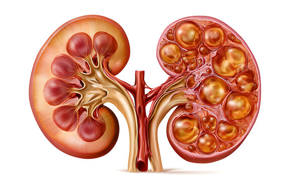 Medical illustration comparing a normal kidney and a polycystic kidney, anatomical cross-section showing multiple fluid-filled cysts replacing normal renal tissue, enlarged renal structure, detailed d