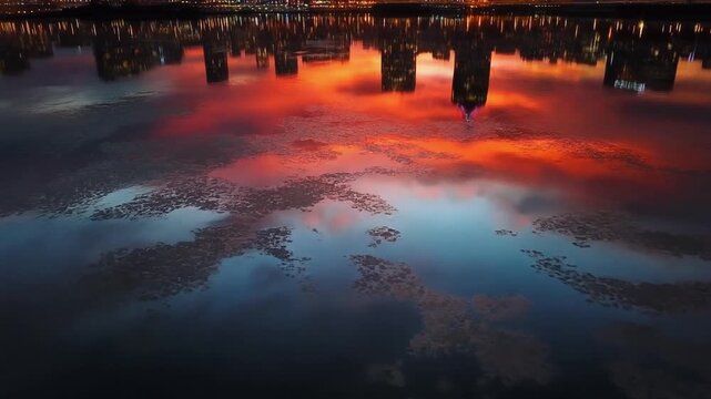 Aerial Drone Shot of Dramatic Sunset Reflection over a Cityscape Skyline and Water Body at Twilight