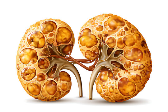 Image of two polycystic kidneys, highly enlarged, with numerous fluid-filled cysts visible on the surface and in cross section; detailed renal anatomy, ureters attached.