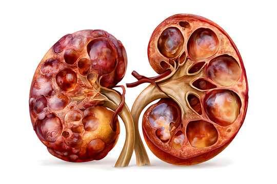 Illustration of two polycystic kidneys, greatly enlarged, with numerous fluid-filled cysts visible on the surface and in cross section; detailed renal anatomy, ureters attached.
