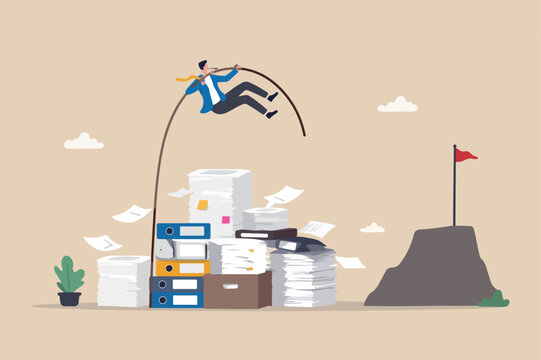 Efficiency or productivity to finish work, manage busy workload or paperwork, project documents or overcome exhausted or challenge concept, businessman jump pole vault over busy document paper