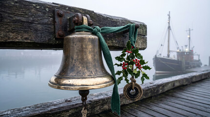 Fototapeta premium Old brass bell with green ribbon and holly on wooden dock by calm water
