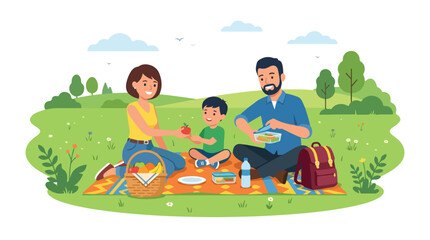 Fototapeta premium A happy family, consisting of a father, mother, and young son, enjoys a picnic on a colorful blanket in a lush green park.