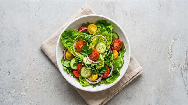 Top down view of a fresh garden salad with lettuce, tomatoes, cucumbers, and onions in a white bowl, placed on a grey concrete background.