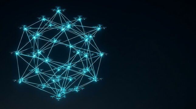 Swarm of drones forming a glowing digital network in the night sky