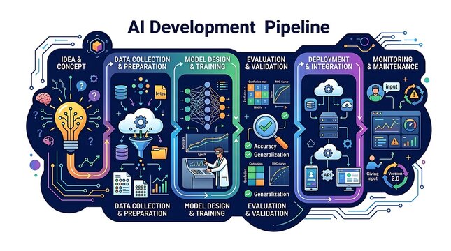 Ai development pipeline infographic showing machine learning stages