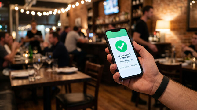 Hand holding smartphone with green checkmark in restaurant setting.