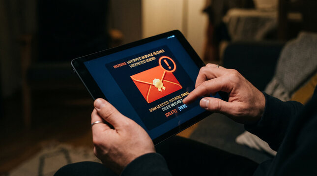 Hand holding tablet displaying red security alert and phishing warning message.