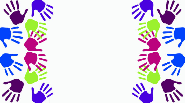 Colorful handprints arranged in two borders on a white background with central copy space, symbolizes community inclusion and provides a creative backdrop for diversity awareness