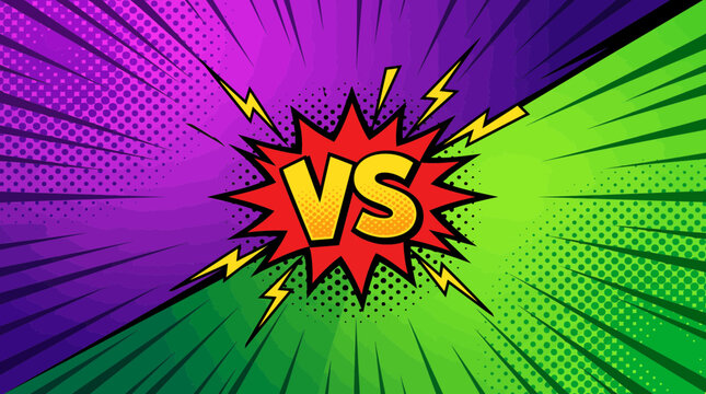 Dynamic comic book versus screen battle background with yellow VS letters in red explosion bubble on split purple and green pop art backdrop, symbolizing gaming tournaments or match promotions