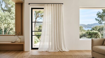 Fototapeta premium Modern Minimalist Living Room with Sheer Curtains and Outdoor View