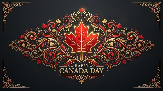Ornate Canada Day greeting with red maple leaf and gold filigree on black background.