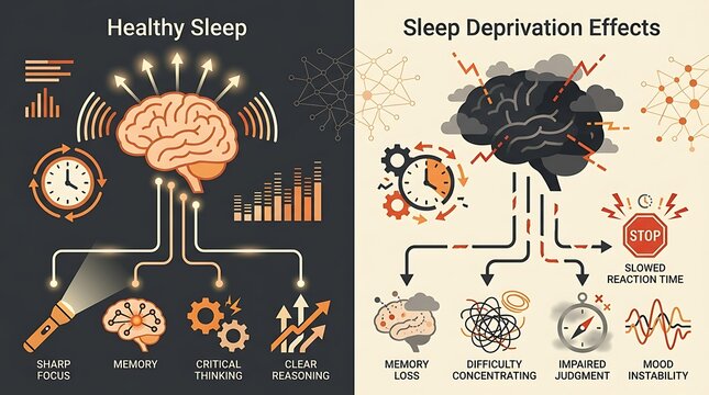 Comparison infographic of healthy sleep versus sleep deprivation