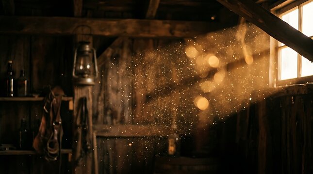Golden sunbeam illuminating dust particles in a rustic wooden barn