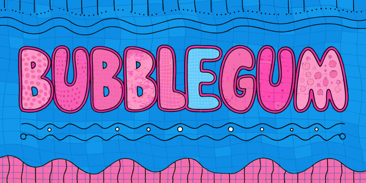 Bubblegum typeface illustration with wavy blue and pink background pattern