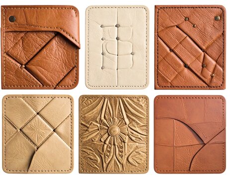A 3x2 grid of leather squares with various textures and stitching