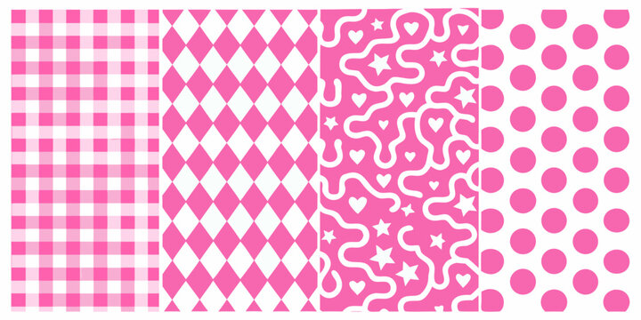 Pink pattern collection featuring gingham harlequin hearts stars and polka dots