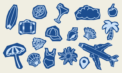 Cartoon summer stickers in retro 90s style. Beach, sun, vacation, and swimwear elements. Bright groovy summer shapes. Vector sticker pack © Mariia