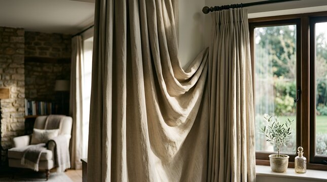 Natural light filtering through beige linen curtains in cozy room interior, soft textures