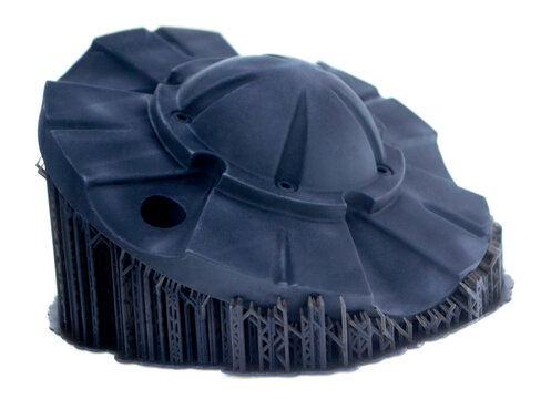 Black abstract object printed on 3D printer from photopolymer isolated on white background. SLA. Model 3D printed from liquid resins. Progressive additive 3D printer printing technology. Sla-printing.