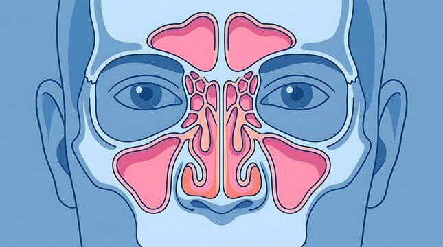 Anatomical diagram of human paranasal sinuses in a facial view