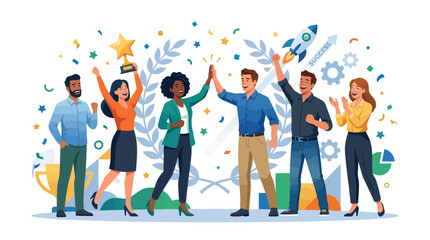 Obraz premium Diverse team celebrates success with high five and trophy, confetti falling on white background.