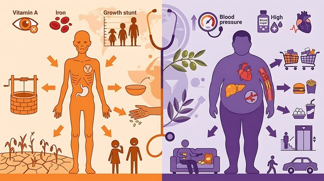 Health infographic comparing undernutrition and obesity factors