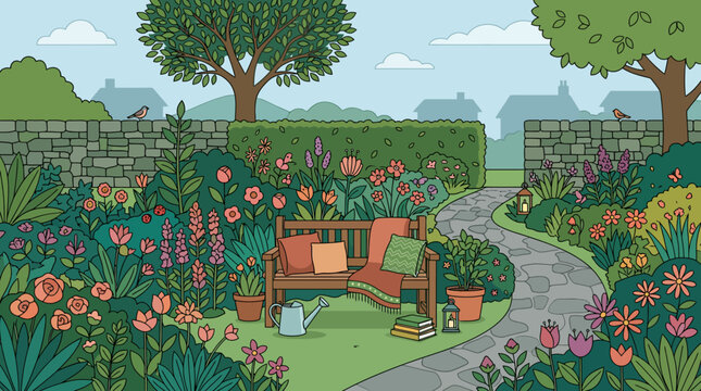 Beautiful hand drawn illustration of a peaceful garden with a wooden bench and stone path.