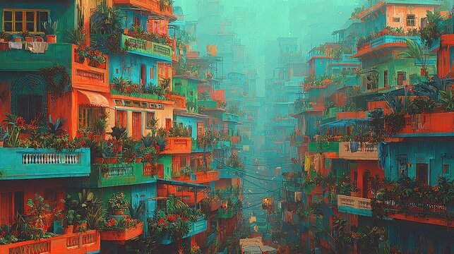 Vibrant Cityscape with Colorful Buildings and Greenery