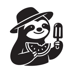 Fototapeta premium Cute sloth wearing hat eating watermelon and popsicle icon