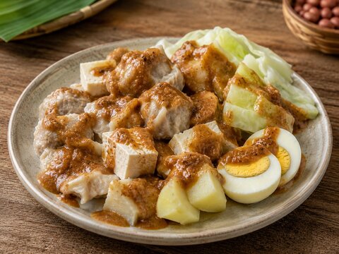 Traditional Indonesian Indonesian siomay with peanut sauce authentic homemade dish overhead view food photography