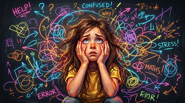 Confused child overwhelmed by chaotic thoughts and symbols