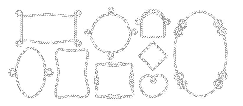 Nautical rope borders and frames in vintage style. Cowboy western knot patterns. Classic oval decorative elements for marine and rodeo designs. Vector illustration.