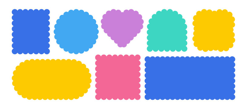 Elegant scalloped frame border with decorative wavy edges. Perfect for labels, vintage cards, and creative designs. Classic oval and circular shapes included. Vector illustration.