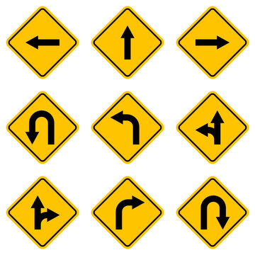 yellow rhombus traffic sign with different direction arrows, move forward, left and right turn, one way