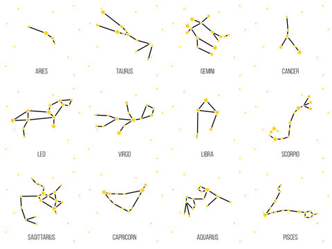 12 astrological zodiac constellation sign, astrology vector symbol on white background, aries, taurus, gemini, cancer, leo, virgo, libra, scorpio, capricorn, aquarius, pisces