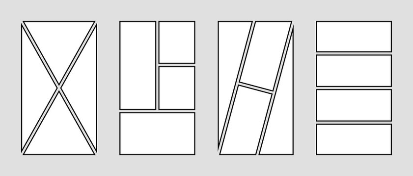4 parts comics book page layout collection, photo collage frames template, black moodboard vector layout