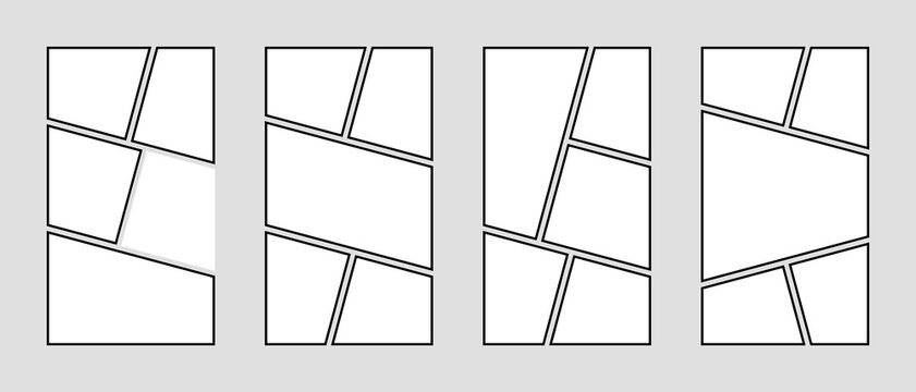 5 parts comics book page layout collection, photo collage frames template, black moodboard vector layout