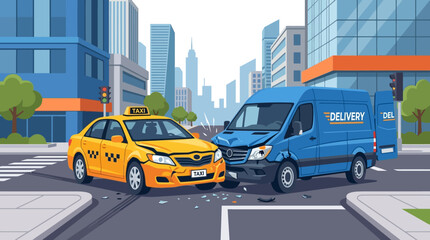 Fototapeta premium City Taxi and Delivery Van Collision at Intersection