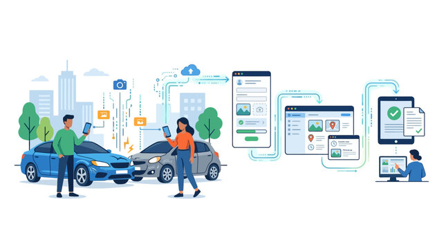 Digital Car Insurance Claims & Management App with City Background