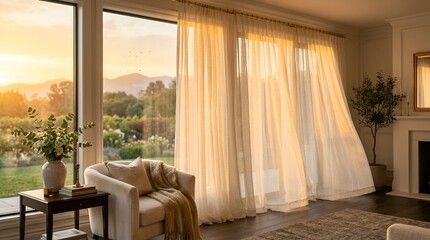 Fototapeta premium Sunlit living room with sheer curtains billowing by large windows overlooking a garden.