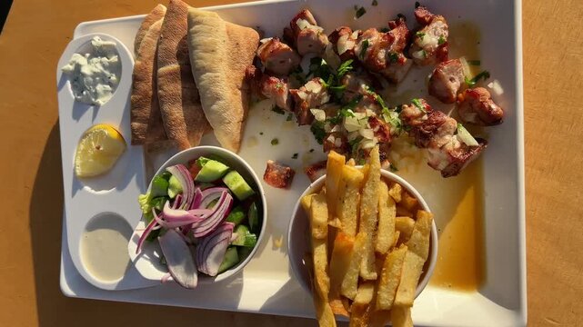 Pork souvlaki, Greek-style grilled meat. Fast food in Cyprus. Sadziki sauce, French fries, tomato and cucumber salad.