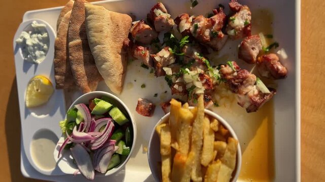 Pork souvlaki, Greek-style grilled meat. Fast food in Cyprus. Sadziki sauce, French fries, tomato and cucumber salad.