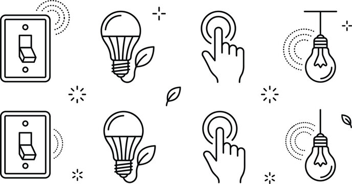 Energy saving eco friendly smart lighting line icon set with light switches bulbs and hand clicking